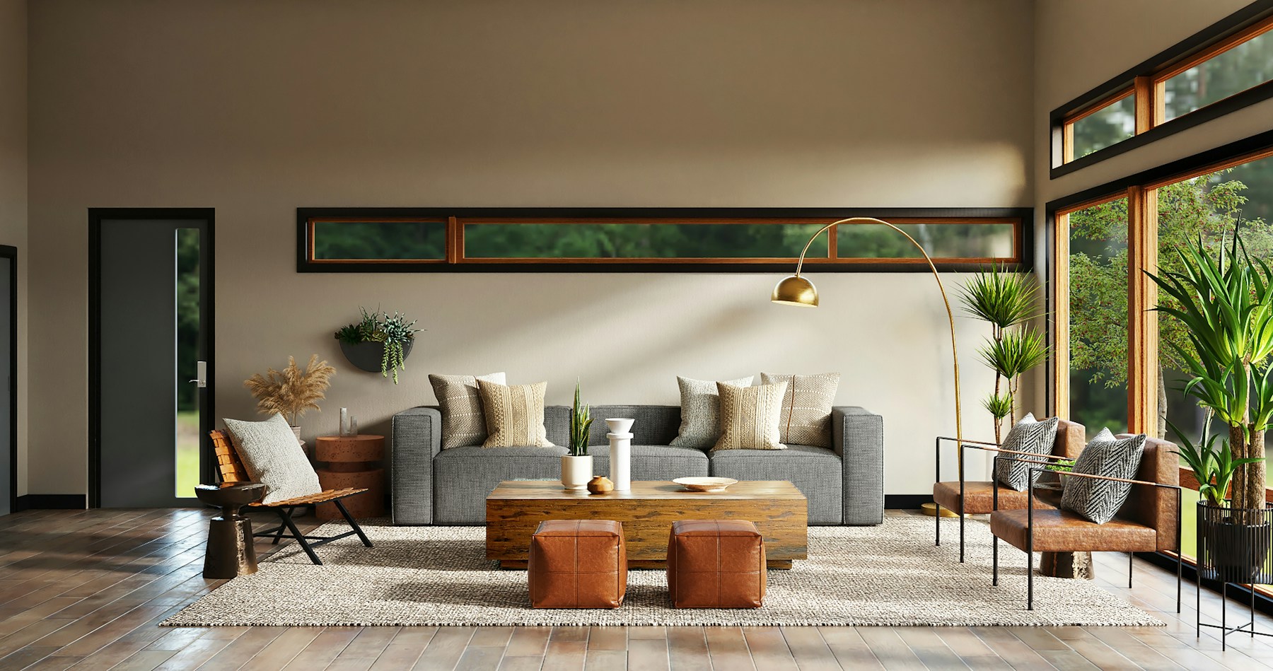 Sunlit living room with warm timber, textured furnishings and garden-facing windows