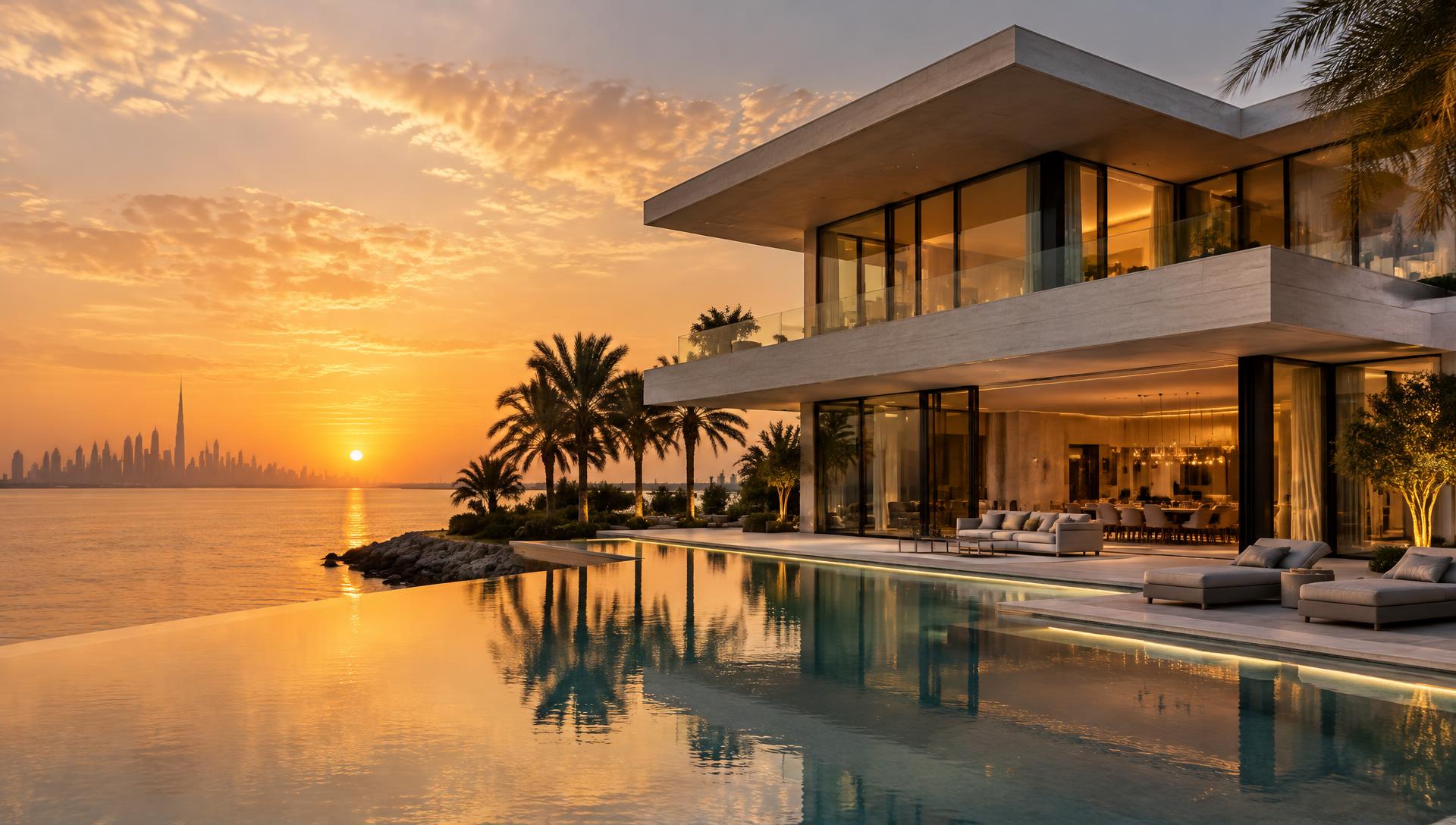 Modern waterfront villa with an infinity pool at sunset, Dubai skyline on the horizon